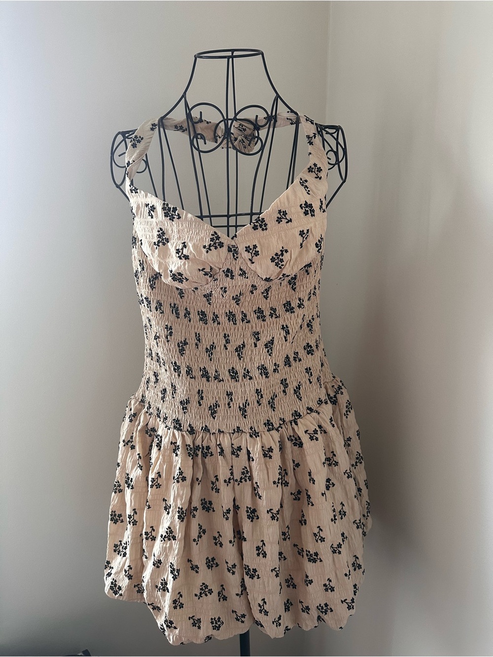 Catalina Beige Floral Smocked Mini Dress with Black Print